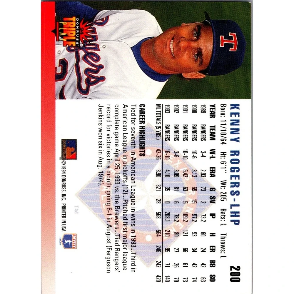 Kenny‎ Rogers 1994 Triple Play #200 Texas Rangers